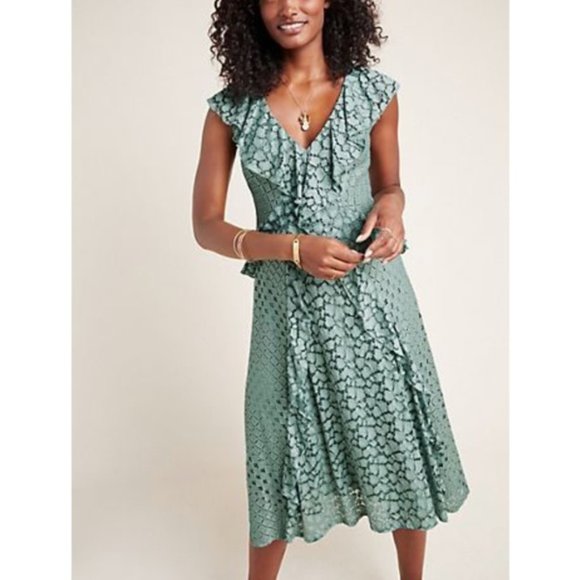 Anthropologie Antoinette Mint Green Lace Ruffled V-Neck Dress 14 - Picture 2 of 13
